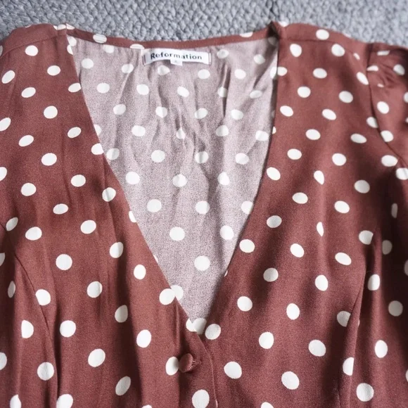 NEW Reformation Locklin French Midi Dress - Au Lait Chocolate Polka Dots - Picture 4 of 8